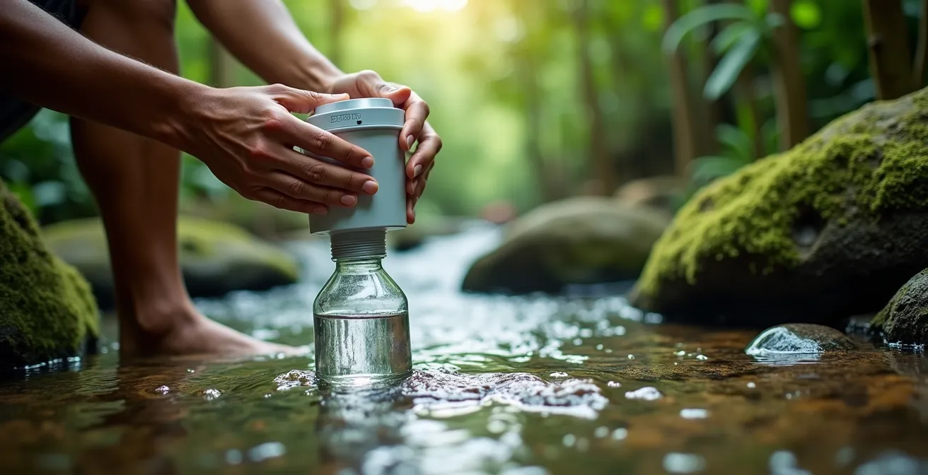 Sistema di purificazione acqua con filtro portatile e lampada UV su roccia vicino a un ruscello nella giungla