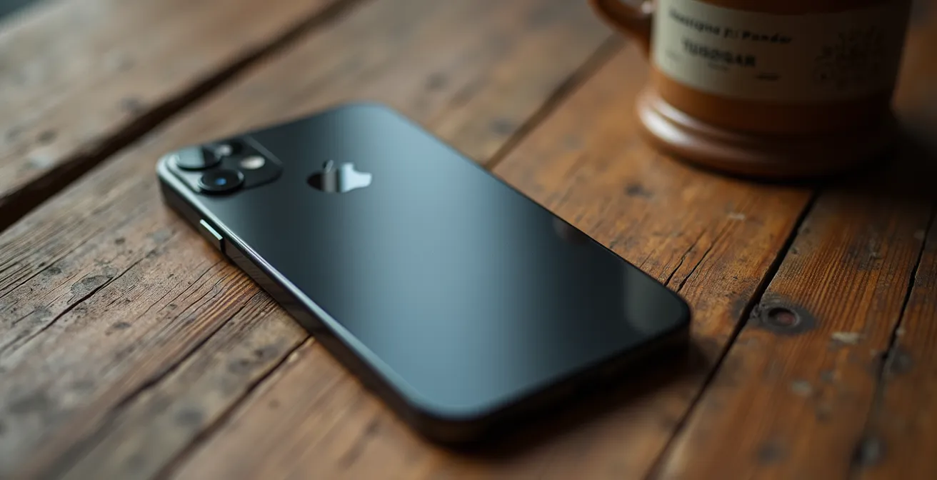 Smartphone capovolto su scrivania italiana con tazzina caffè sfocata