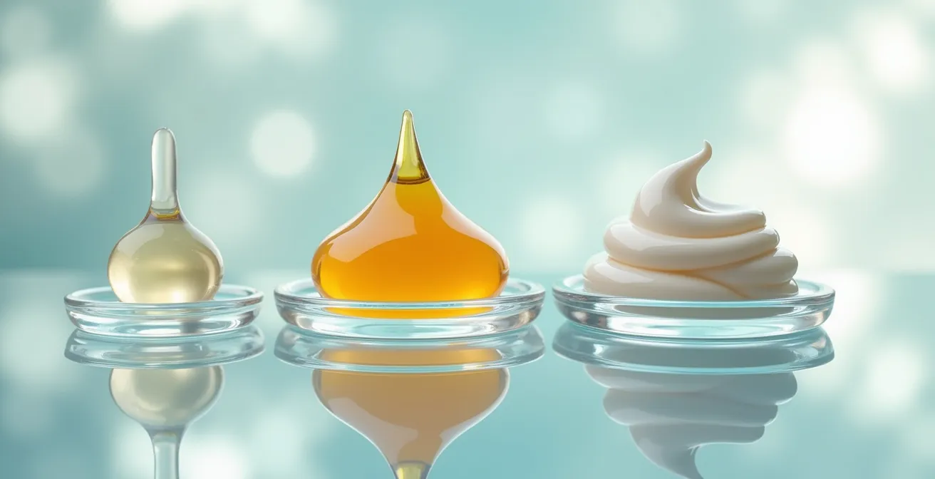 Dimostrazione visiva dell'ordine di applicazione dei prodotti skincare dalla texture più liquida a quella più cremosa