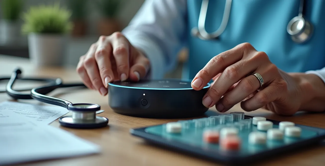 Anziano durante teleconsulto medico con Echo Show da casa