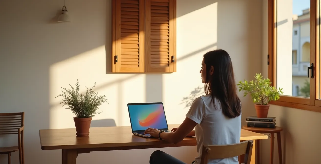 Sessione di terapia online in ambiente domestico italiano confortevole