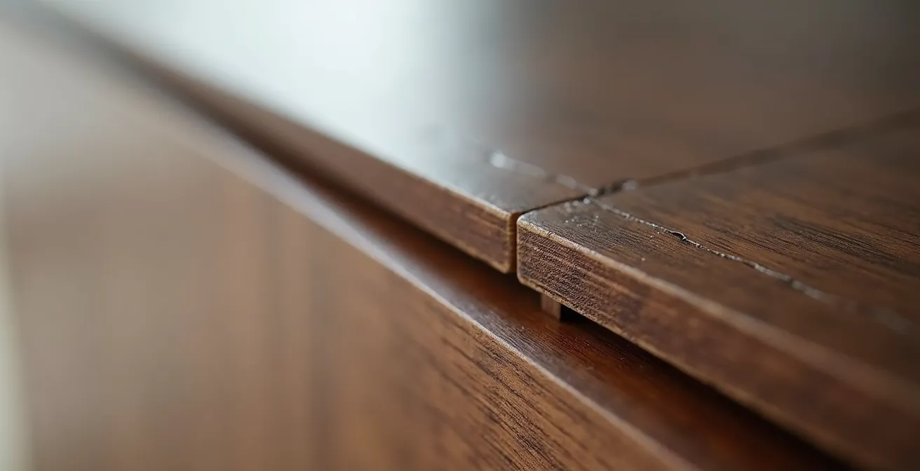 Dettaglio ravvicinato di bordatura ABS di alta qualità su pannello laminato per mobile