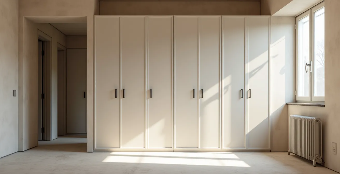 Vista ampia di cantiere italiano con armadio modulare in fase di pre-montaggio accanto a nicchia corridoio