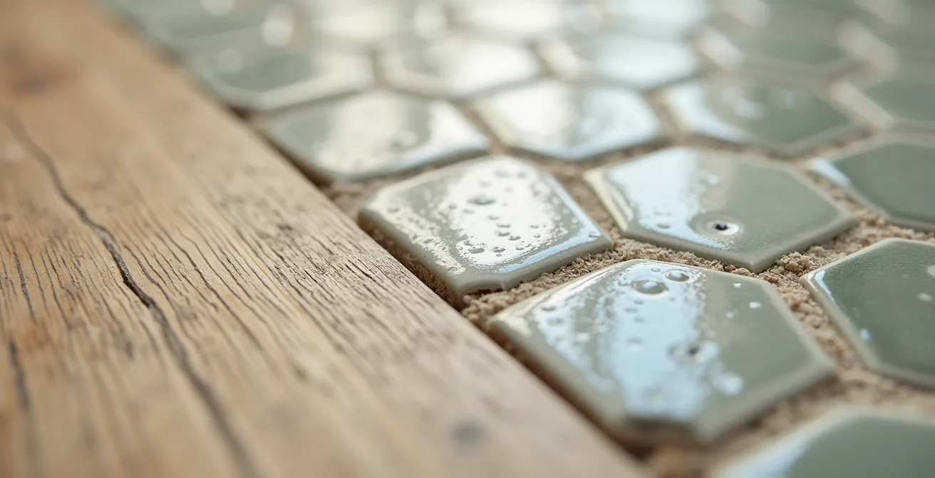 Dettaglio di transizione elegante tra parquet rovere e piastrelle esagonali senza profili visibili