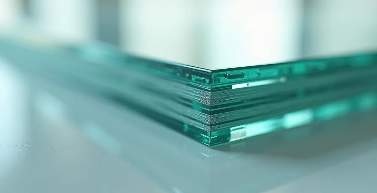 Dettaglio macro di vetro stratificato multistrato per isolamento acustico