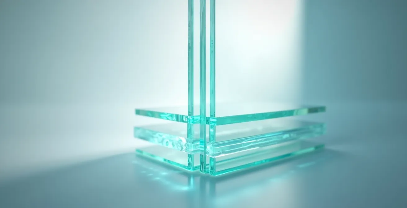 Sezione tecnica di vetro stratificato con strati visibili per isolamento acustico