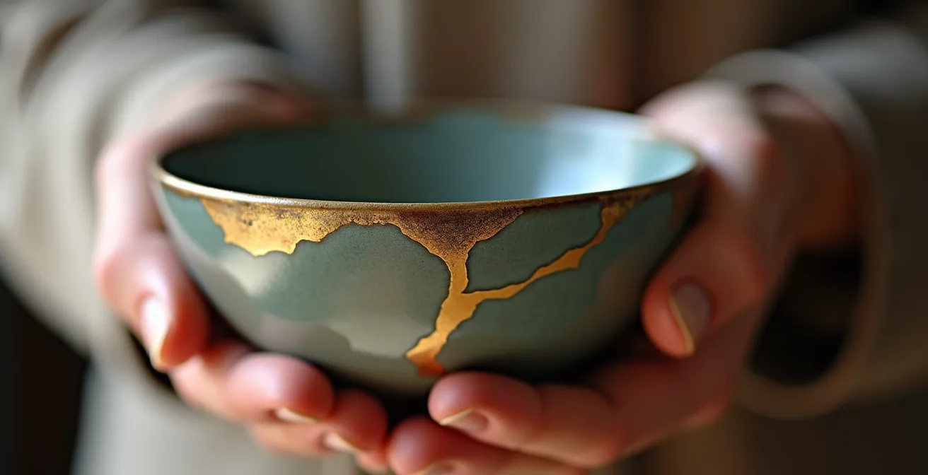 Primo piano di mani che tengono delicatamente un vaso giapponese riparato con oro kintsugi