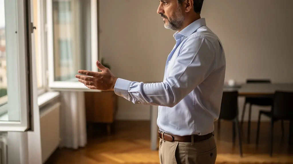 Consulente immobiliare che valuta caratteristiche di un appartamento durante visita