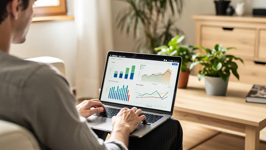 Proprietario che analizza valutazione immobiliare online su laptop in ambiente domestico